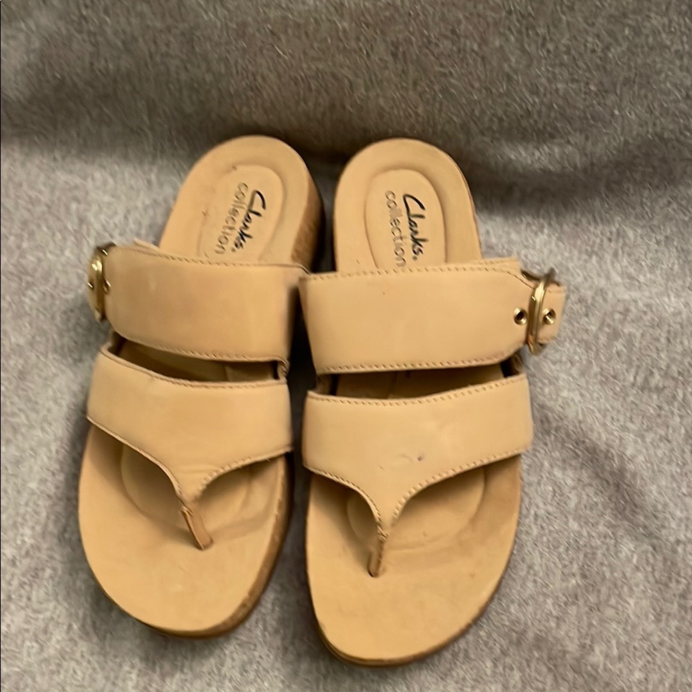 Clarks Tan Slide Sandals with Buckle